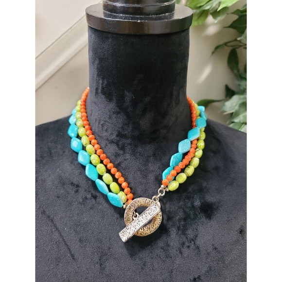 Premiere Designs Three Strand Orange Green Aqua Women’s Necklace 18” Sta… - Picture 6 of 7